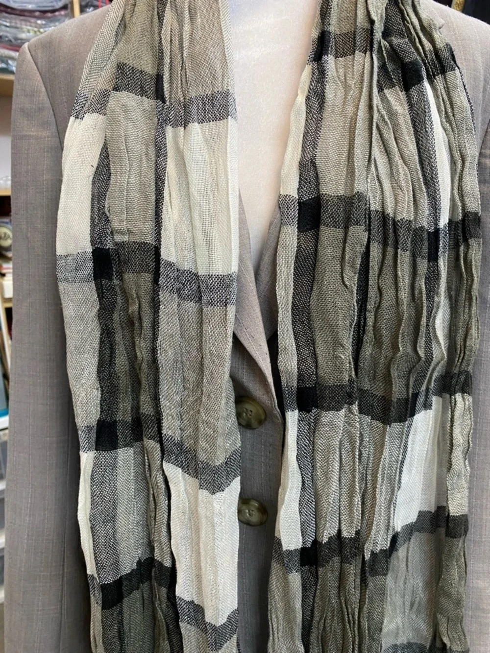 PLAID Scarf lightweight gauzy black gray white bottom fringe
